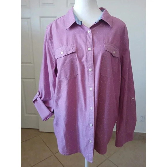 St. John's Bay Womens Size XL Purple Button-Up Shirt Roll Tab Sleeve Collared - Picture 1 of 15
